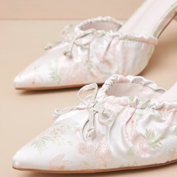 Issoria Gold Mix Floral Satin Bow Ankle Strap Pumps - Picture 3 of 4